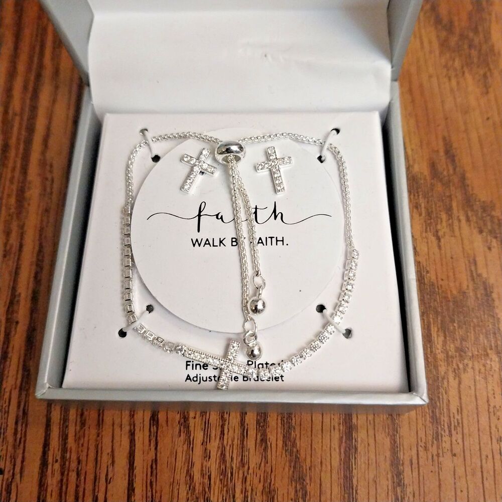 Gratitude & Grace Fine Silver Plated Cubic Zirconia Cross Bracelet & Studs Set